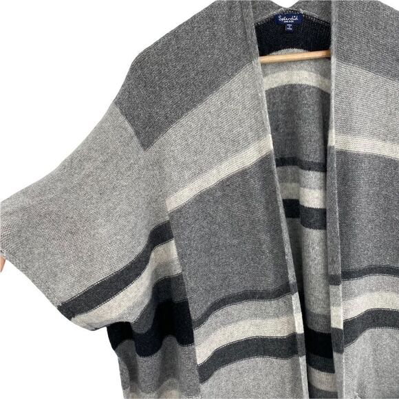 Splendid striped wool cashmere open boho cape pinch cardigan sweater gray black - Picture 3 of 9